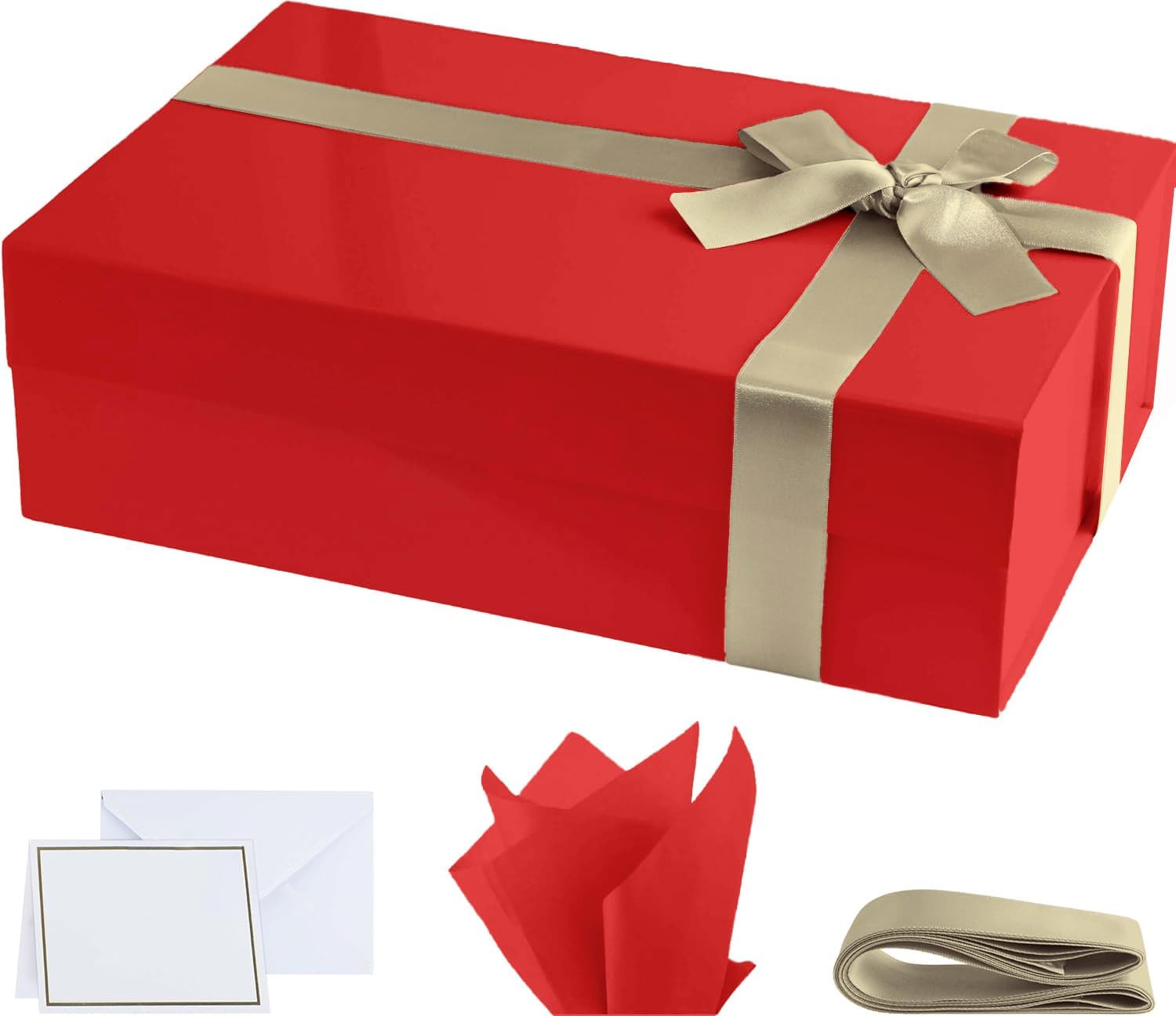 Purple Q Crafts Premium Red Glossy Gift Box with Magnetic Closure 10 x 7 x 3 Inches - 5 PACK- Includes Ribbon and Gift Card - Elegant Presentation Box for All Occasions 1 Count (Pack of 5)