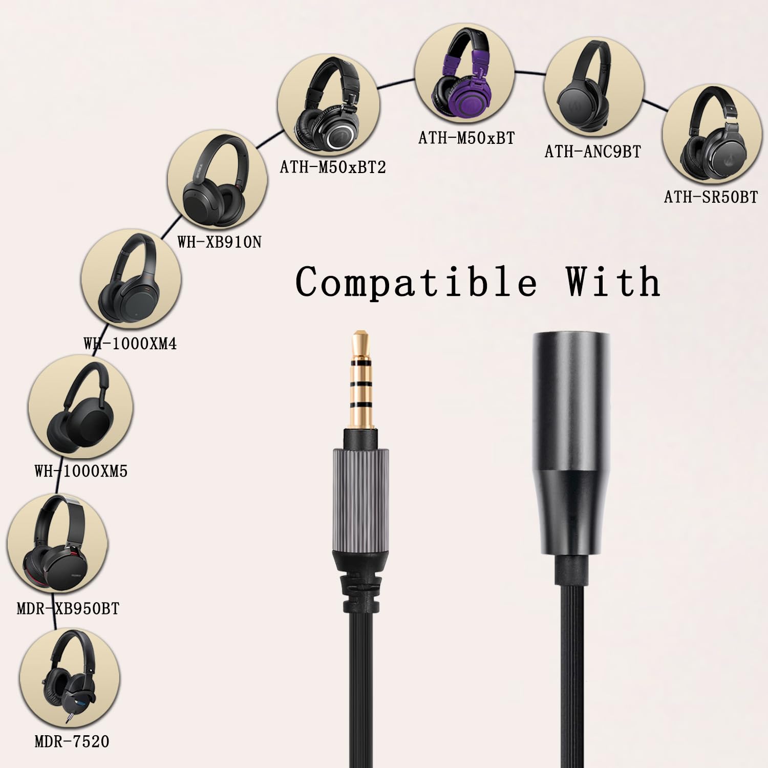 FAAEAL WH-1000XM5 Audio Cable Replacement for Sony WH-1000XM3 XM4 MDR-950BT MDR-1AM2 WH-XB910N Headsets ATH-M50xBT2 Headphones 6.5ft 4Pin-XLR