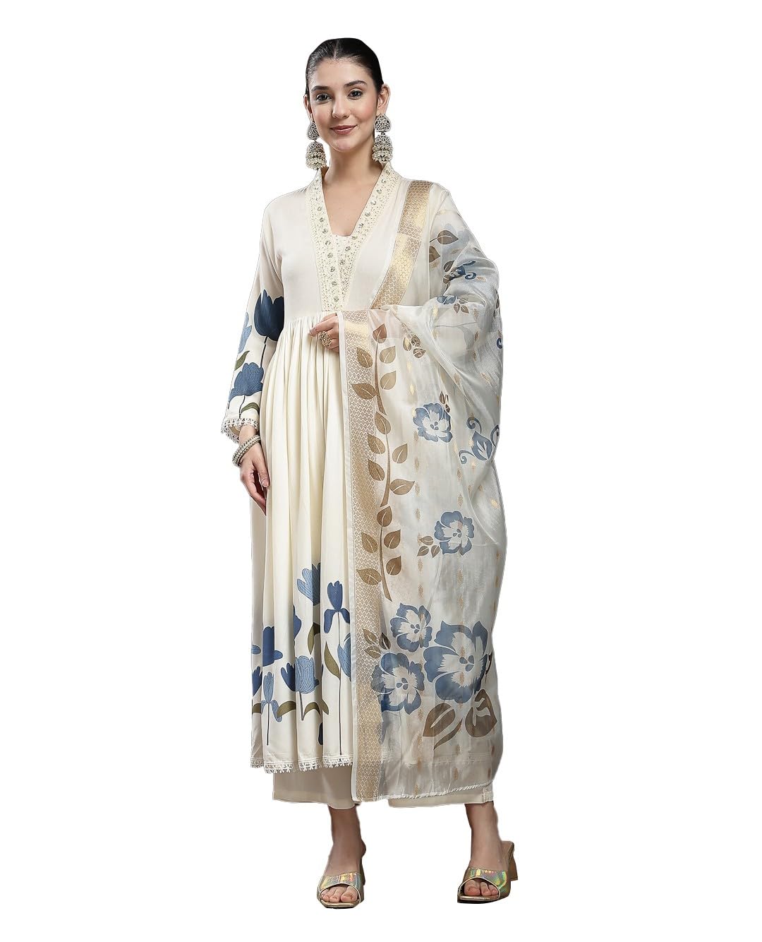stylum Women's Blue Floral Printed Rayon Flared Kurta Palazzo Dupatta Set-picture-26