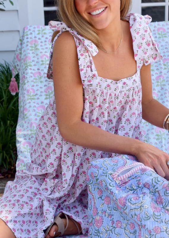 Image of Women Floral Tie Shoulder Mini Dress Cute Square Neck Loose Fit Beach Short Dress Backless Boho Vocation Sundress