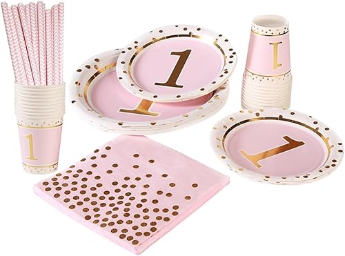 MaitianGuyou Kit de 100 piezas de suministros para primera fiesta, juego de platos para fiesta de cumpleaños, platos de papel de 9 y 7 pulgadas y