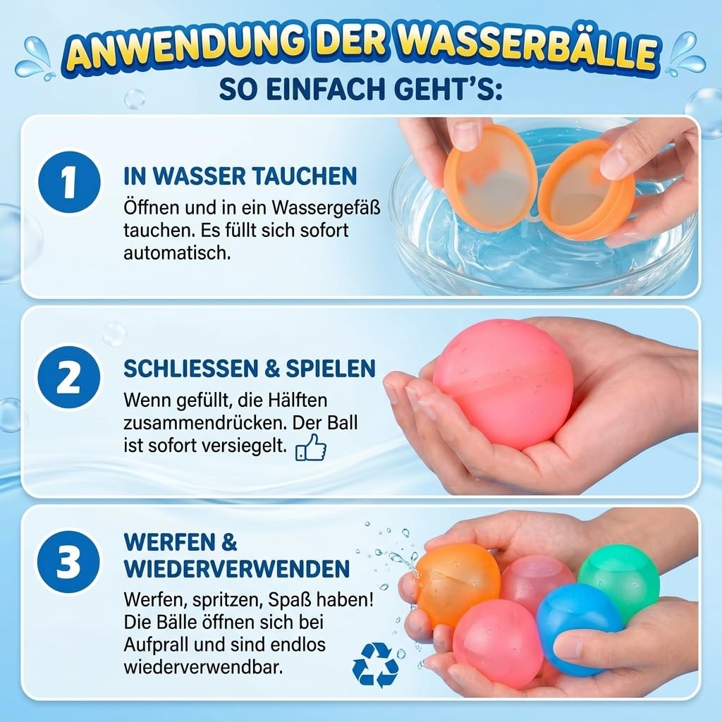 12 Stück Wasserbomben Selbstschließend Wiederverwendbar, Schnellfüller Silikon Spritzbälle für Erwachsene, Wasserbomben Silikon für Outdoor, Wasserpark,Wasserspielzeug (A)