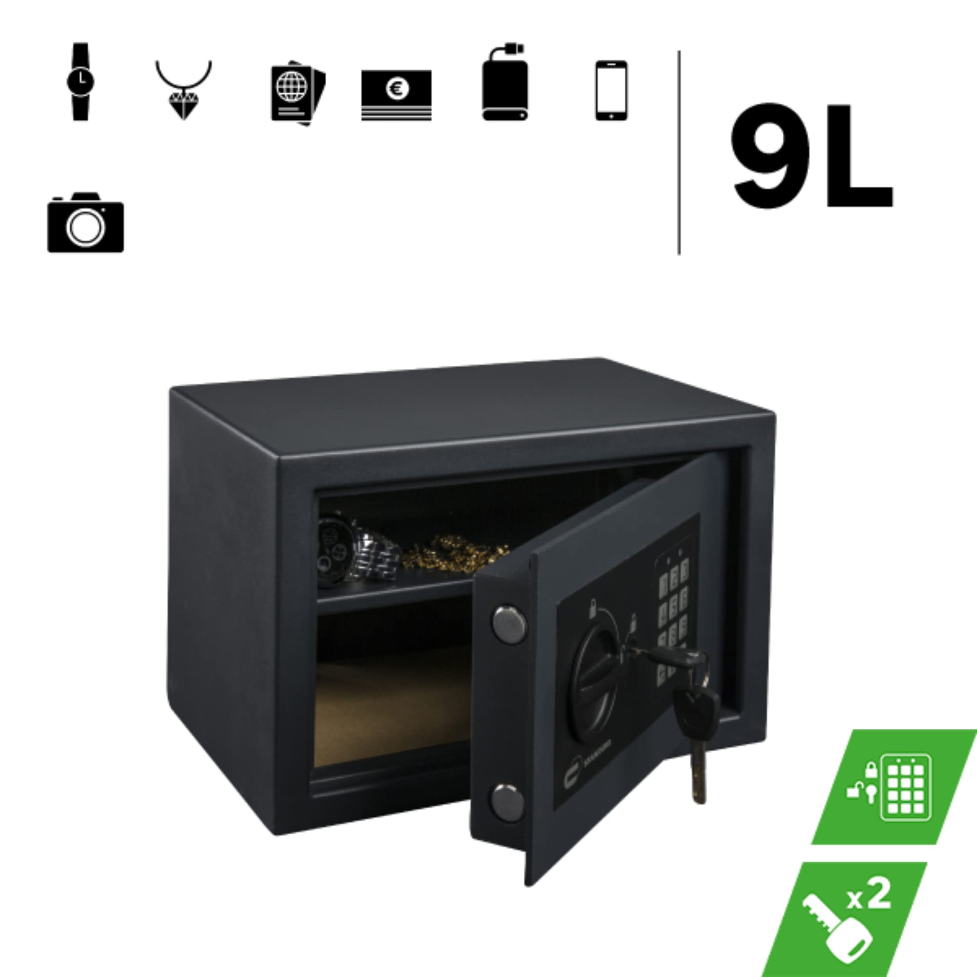 STANDERS Coffre-Fort Électronique Mural - 9L - 20 x 31 x 20 cm - Code Safe - 2 Clés de Sécurité