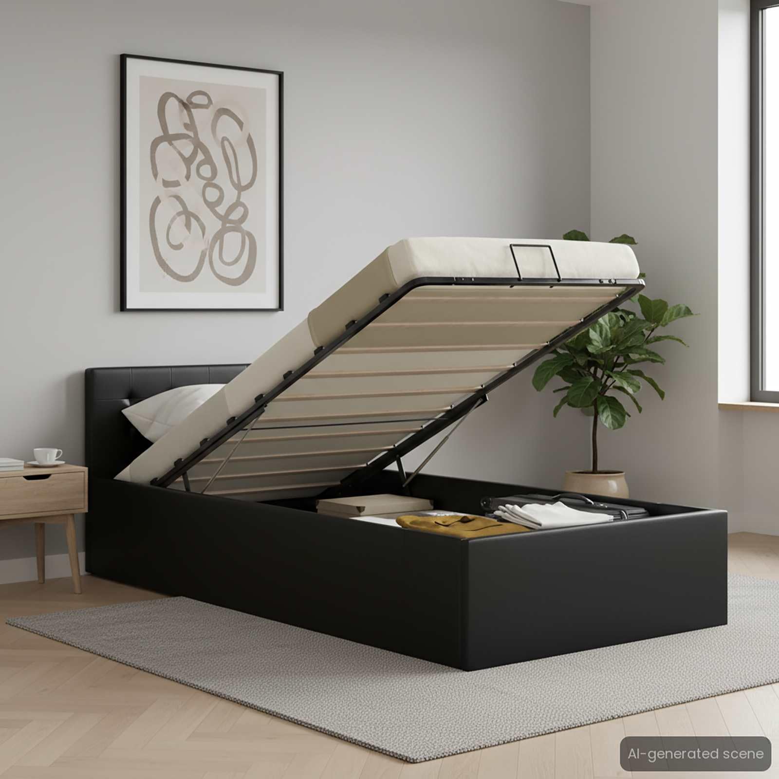 vidaXL Stauraumbett Hydraulisch Polsterbett Einzelbett Bett Schlafzimmerbett Kunstlederbett Bettrahmen Bettgestell Lattenrost Schwarz 90x200cm