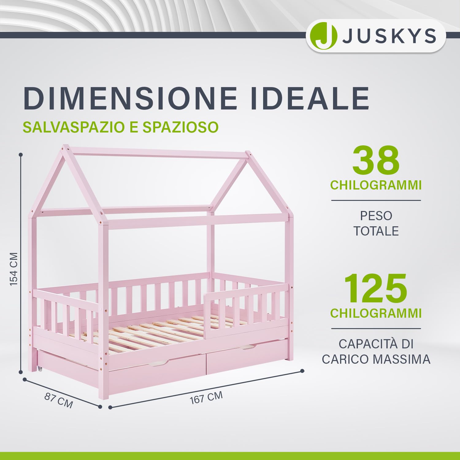 Juskys letto per bambini Marli da 80x160 cm con due contenitori, protezione anticaduta, rete a doghe e tetto - Letto a casetta in legno massiccio per bambini - Letto in rosa