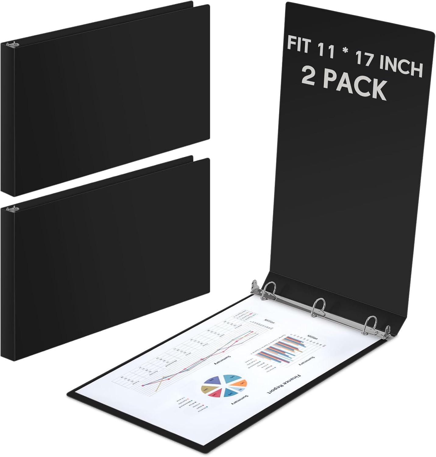 2 pcs 11 x 17 inch 3 ring binders 1 inch rings heavy duty view d ring binders economy holds 11" x 17" paper for artwork blueprints, office, home, work places (black) 1 inch black 2