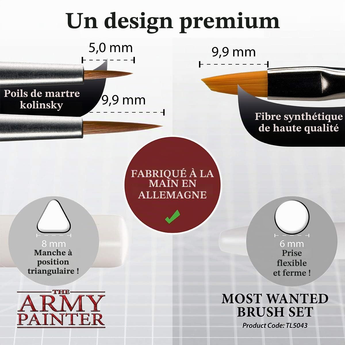 Miniatures Lot de 3 pinceaux miniatures – Détail fou, régiment et petit pinceau à sec – Ensemble de pinceaux de qualité fait à la main en Europe – Wargamer Most Wanted par The Army Painter