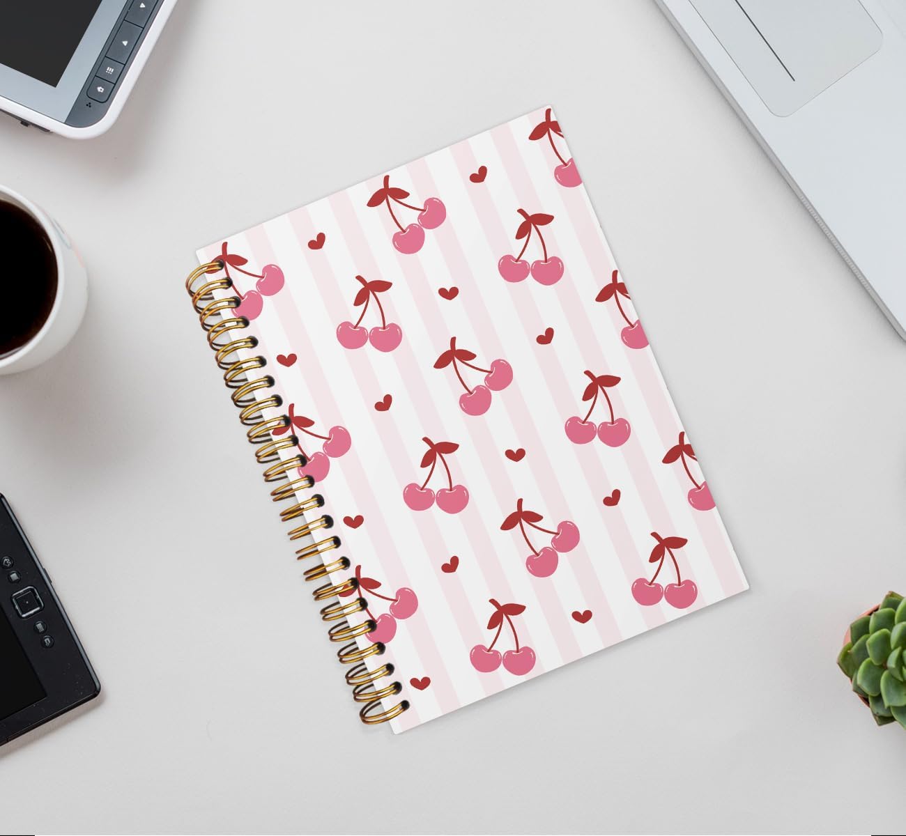 Pink Stripe Cherry Notebook,Preppy Lined Spiral Notebook Hardcover,College Ruled Notebook,Office School Journal Notebook for Work,5.5x8.3 Inch 80 Pages,Gifts for Women Teen Girl - Image 2
