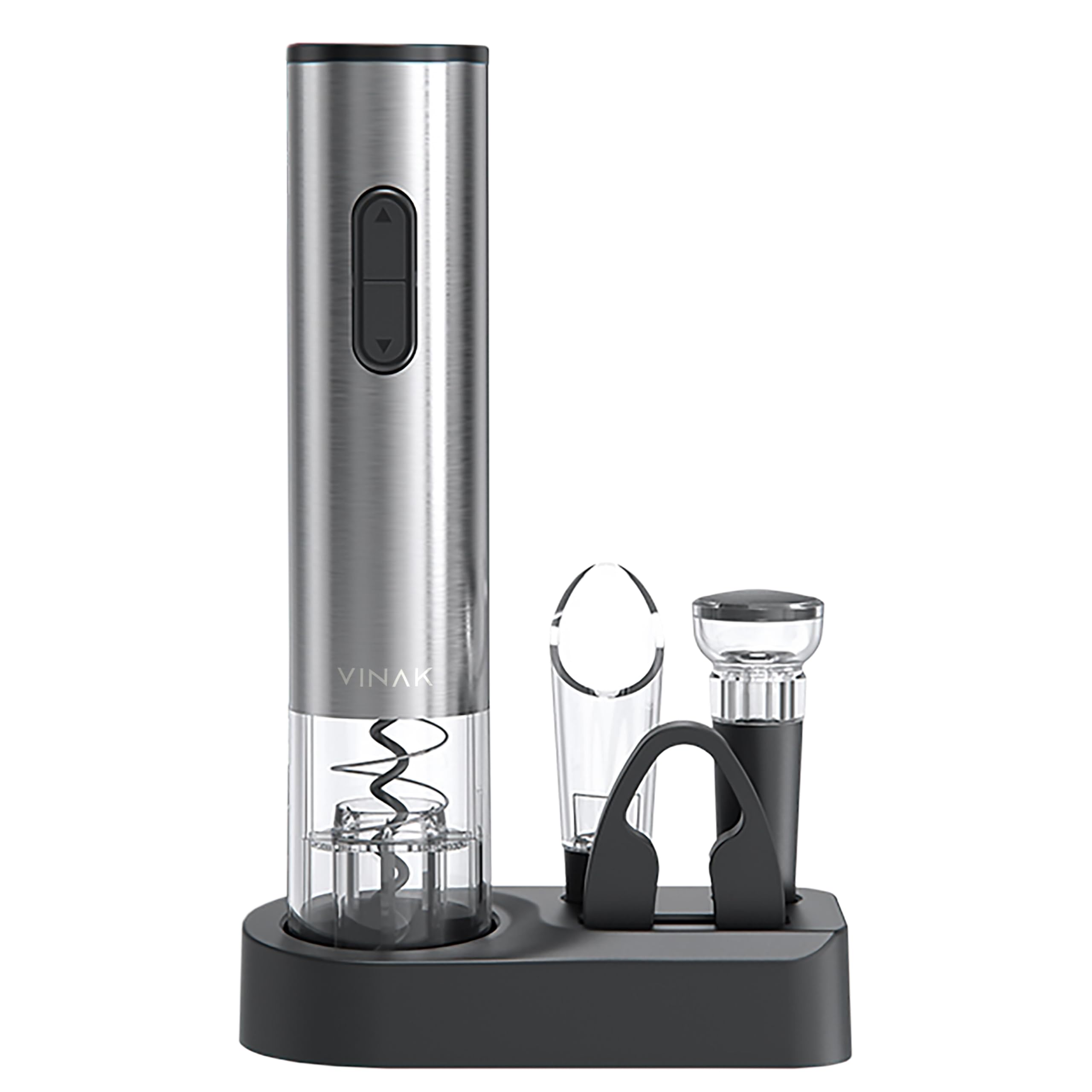 VINAK Wine Kit - Sacacorchos eléctrico con pilas de acero inoxidable + tapón de vino al vacío + boquilla vertedor + cortacápsulas | Diseño moderno | Abrebotellas sin esfuerzo