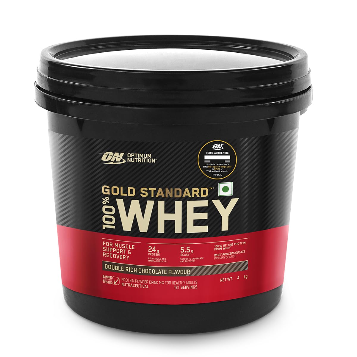 Optimum Nutrition (ON) Gold Standard 100% Whey Protein Powder 4 Kg (Double Rich Chocolate), for Muscle Support & Recovery, Vegetarian - Primary Source Whey Isolate
