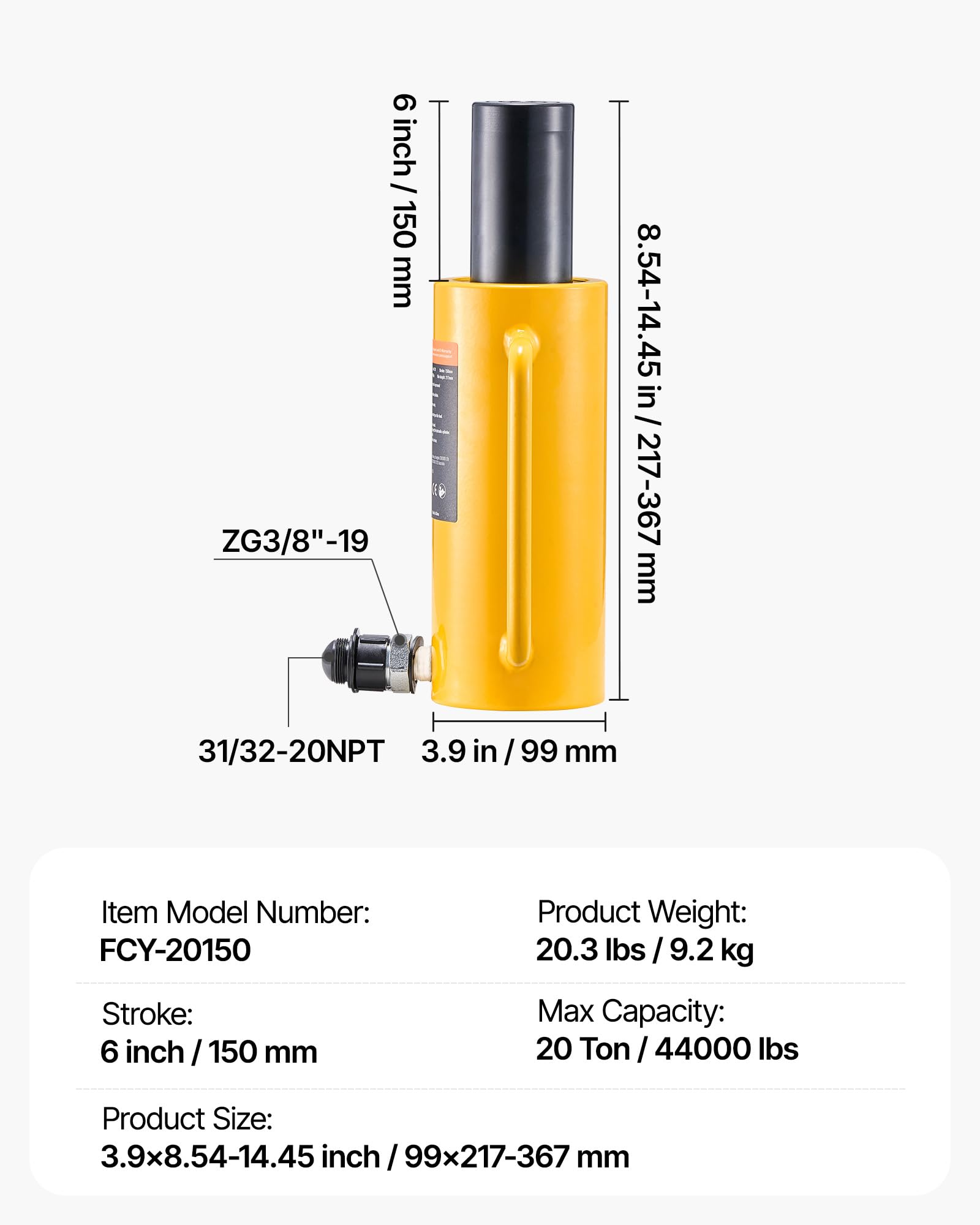 VEVOR Gato Hidráulico Carretilla Capacidad de 20 t, Gato Hidráulico para Coche, Carrera del Pistón de 150 mm, Simple Efecto, Altura Total de 210 mm, para Coche, Furgoneta, Barco, Camión, Caravana