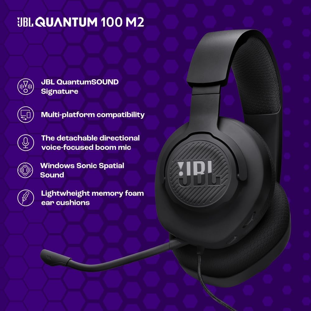 JBL Quantum 100M2 Wired Gaming Headphones, Supports Windows sonic spatial audio, 40mm Realistic Dynamic Drivers, Omnidirectional Detachable Mic, Breathable Memory Foam cushions, PC/Xbox/PS/3.5mm-Black — Amazon image 3