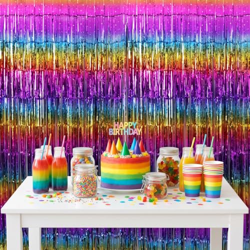 Image of TONIFUL 2Pcs Rainbow Gradient Metallic Tinsel Foil Fringe Curtain Streamer