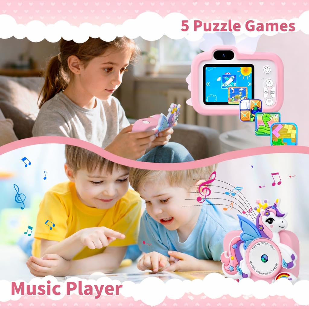 1080P HD fotocamera digitale per bambini con schermo da 2,0" e scheda da 32 GB, regalo per compleanno Natale, macchina fotografica giocattolo per 3-12 ragazze ragazzi