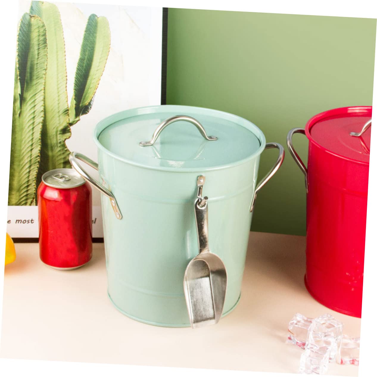 Alipis Cubo de Hielo Portátil Verde de Plástico y Hierro Asa | Ktv y Restaurante, Formato Portátil Juego, Diseño de Cubo Metálico para Servicio de Bebidas
