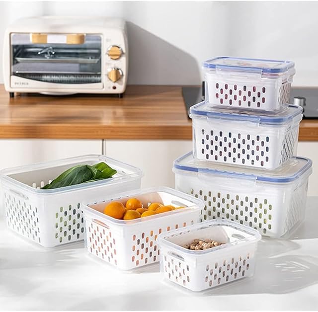 Vegetable Fruit Food Storage Containers for Fridge, Draining Fresh Containers BPA-Free,3 in 1 Produce Saver Storage Containers Large Organizer Bins with Lid & Colander for Salad Meat Storage