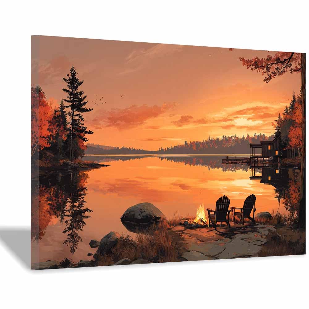 XENIOU Landscape Wall Art Autumn Lake Cabin modern canvas wall art, decorative paintings, canvas painting wall art for Home Decor.(Multicolor)-60x90cm Framed