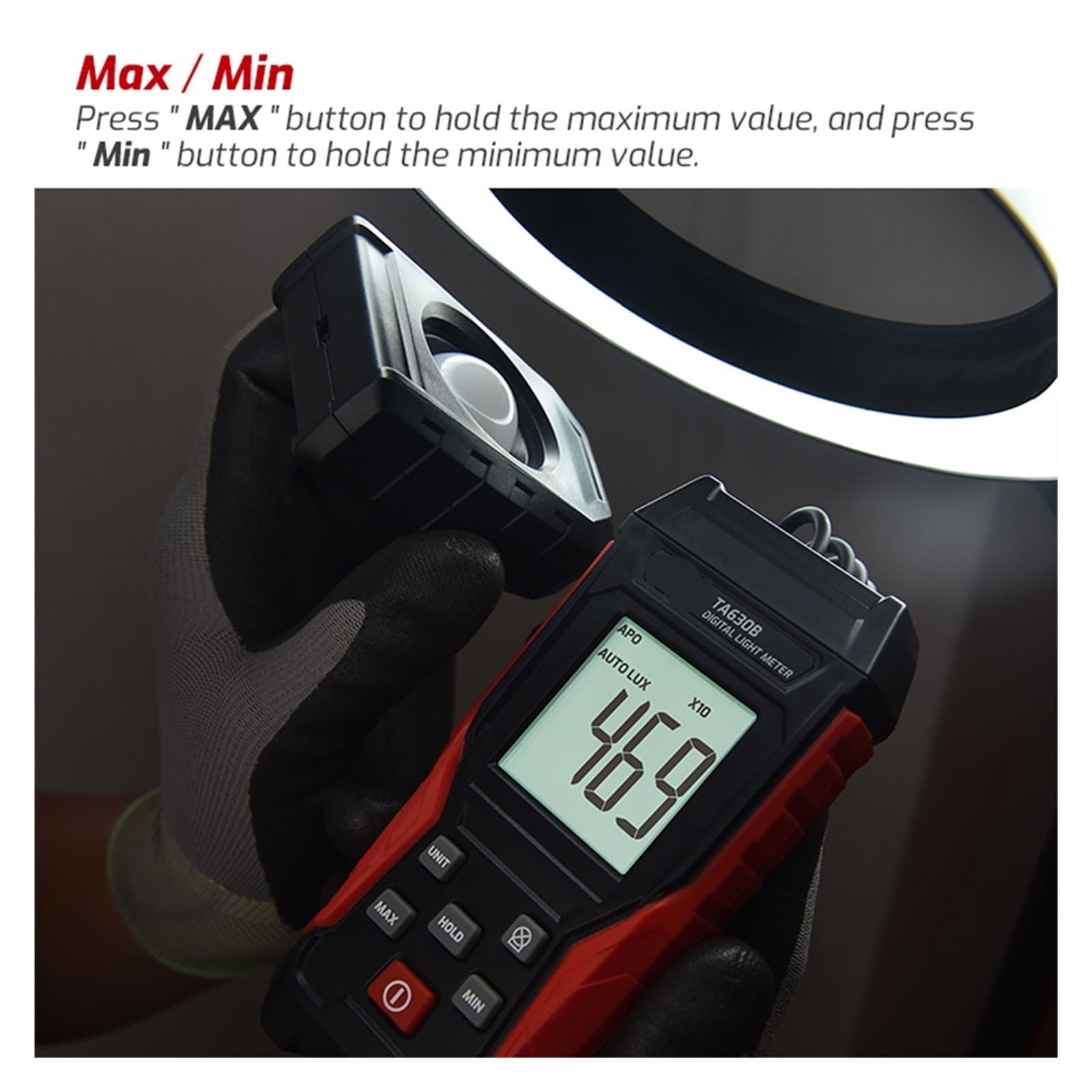 Medidor de luz Digital, medidor iluminancia Lux con función Registro, Rango medición 0~200000, probador Sensor Flexible para Interior y Exterior(630B)