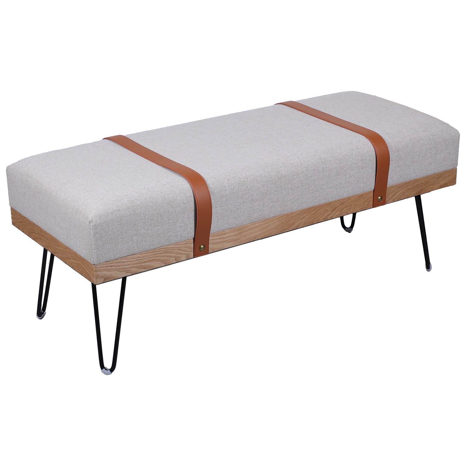 Banc en bois naturel et métal tapissé gris et noir DRW 42x42x107 cm