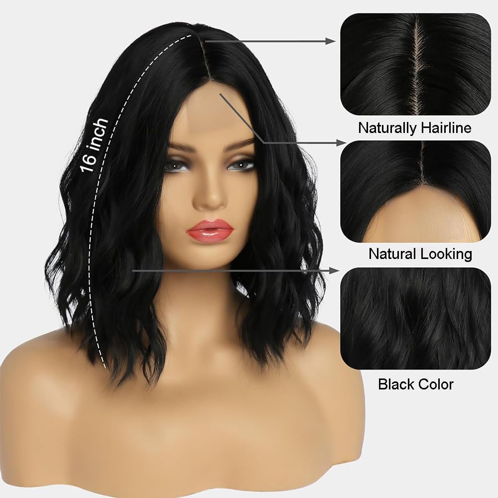 Woojfcang Short Black Wavy Wig for Women, 16 Inch Shoulder Length Middle Part Kinky Curly Bob - Image 3