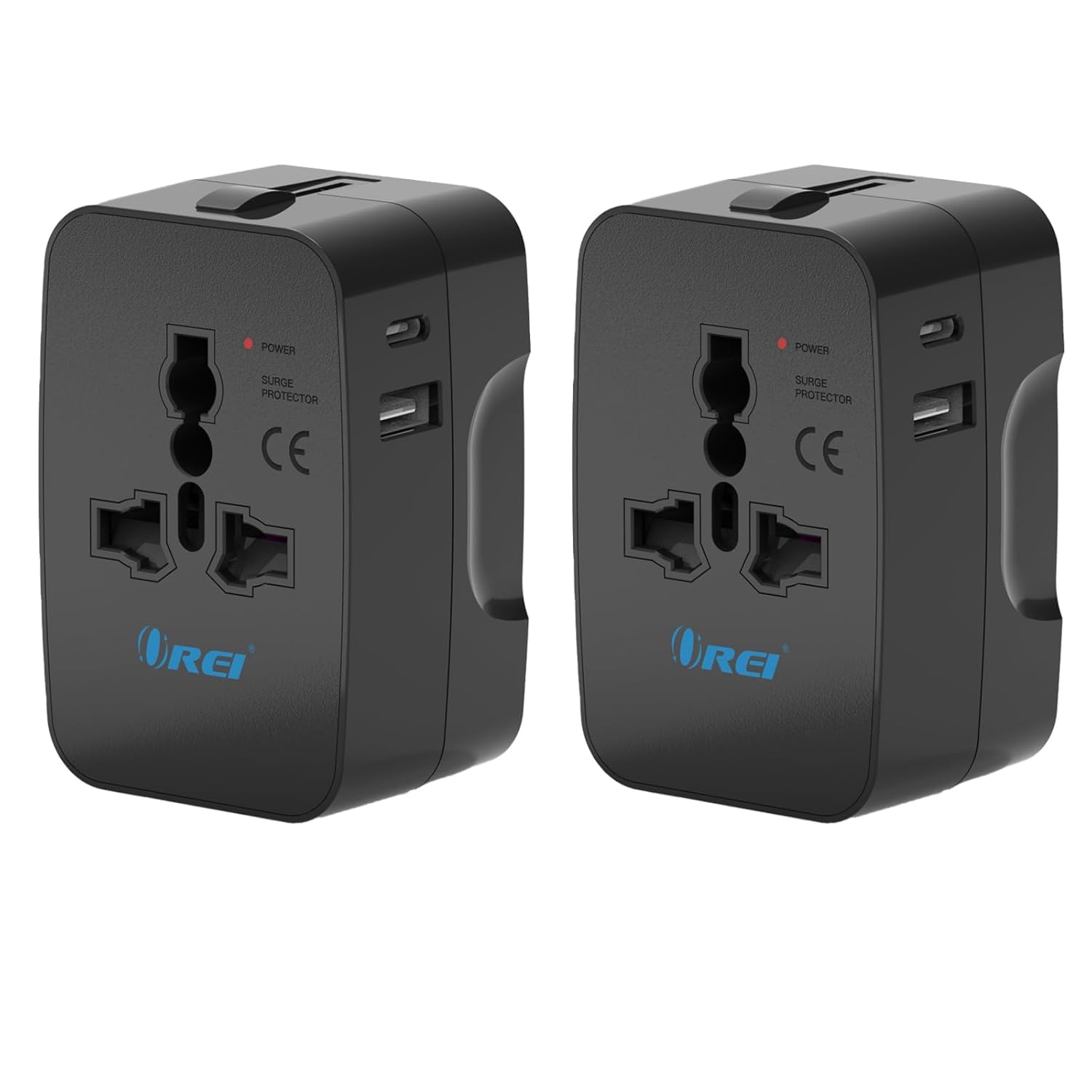 OREI Universal Travel Adapter with Type C - 3 in 1 International Travel Adapter - Universal Charger with 1 USB-A, 1 USB-C (2.4A Each) and Universal Output Socket – CE & FCC Certified – 2 Pack