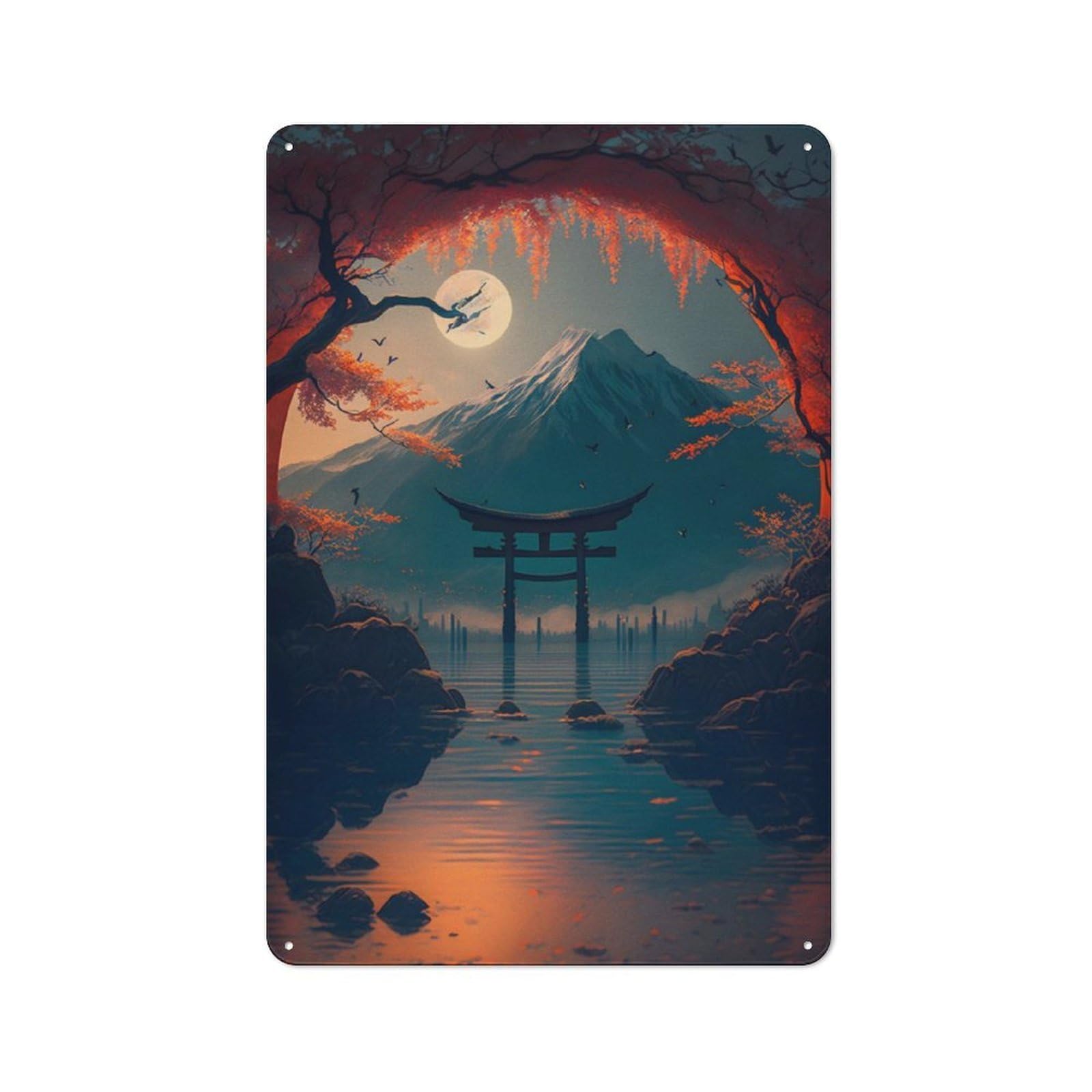 Junmoney Cherry Blossom Torii Gate Tin Wall Plaque 30X20cm With For Hobby Room Or Studio, For Updating Hobby Room And Studio After Moving