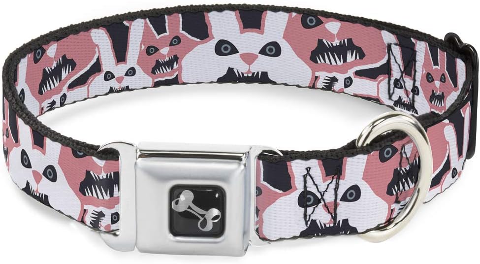 Dog Collar Seatbelt Buckle Angry Bunnies Gray Pinks 18 to 32 Inches 1.5 Inch Wide