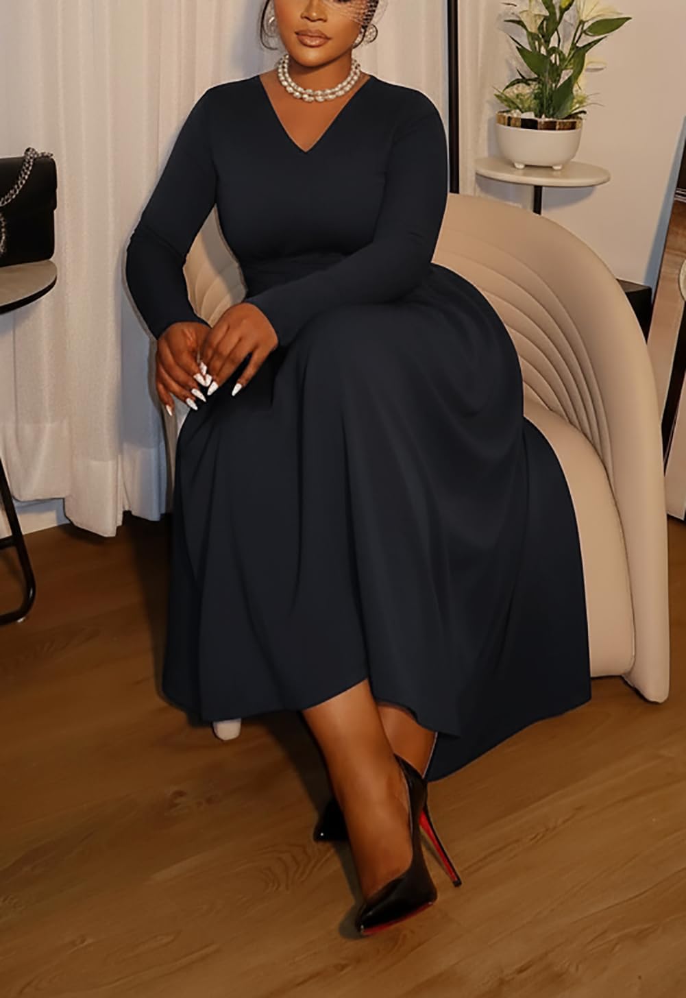 Fooullaide Women's Pleated Midi Dress Elegant V-Neck Bell Sleeve Ruched A-Line Dress for Wedding Guest, Office & Party - Image 5