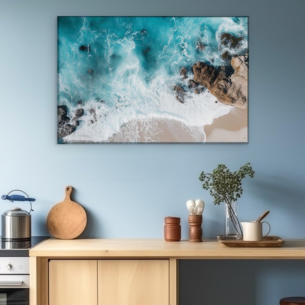 Canvas for Living room. Captivating Seaside Serenity: Where Waves Embrace Rocky Shores, 27 x 18 inch Canvas Wall Art - Tranquility - Modern Home Decor