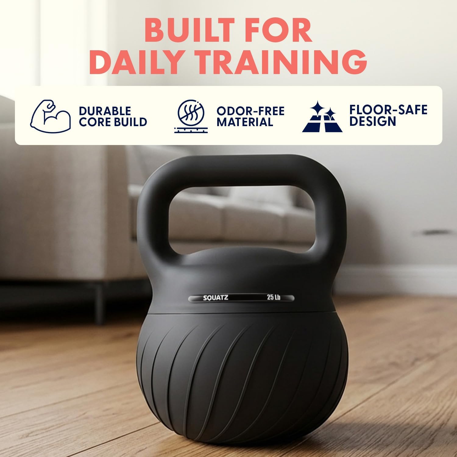 Squatz 25 lb Soft Training Kettlebells for Home Gym, Shock-Absorbing Base, Kettlebell with Extra-Wide Non-Slip Handle, Floor-Safe Design for Strength Workouts and Full Body Conditioning Sessions