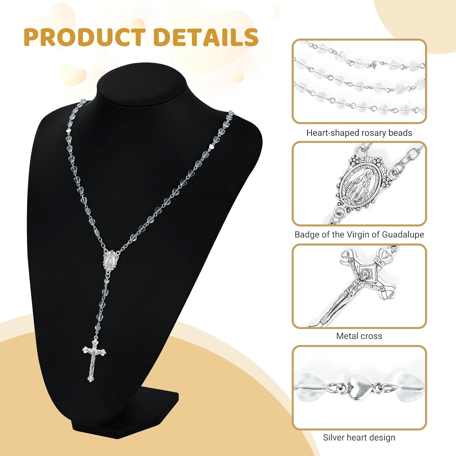 Rosary Beads Cross Necklace for Women, Catholic Rosary Necklace for Men with Crucifix, Crystal Heart Shaped Rosarios Catolicos, First Communion Christian Gifts(Clear) - Image 3