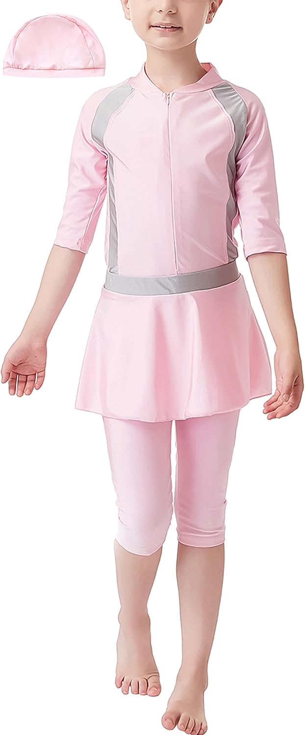 AUBIG Muslim Swimsuit for Kids Girls Long Sleeve Full Coverage Burkini Swimwear Quick Dry Modest Islamic Bathing Suit