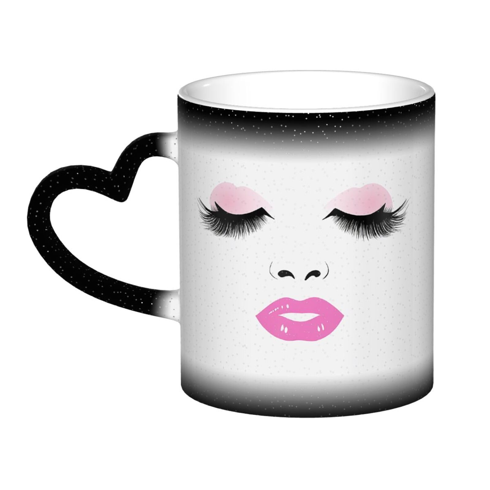 ASPOIJHN (Eyelash Lip White) 11oz Color Changing Mug Personalised Magic Mug with Heart-Shaped Handle for Cafe Office Any Occasions