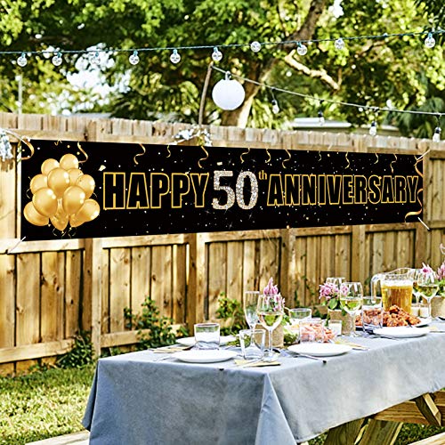 Yoaokiy Happy 50Th Anniversary Banner Decorations, Black Gold 50 Wedding Anniversary Party Supplies, 50 Years Wedding Anniversary Party Sign(9.8X1.6Ft) #TOP2