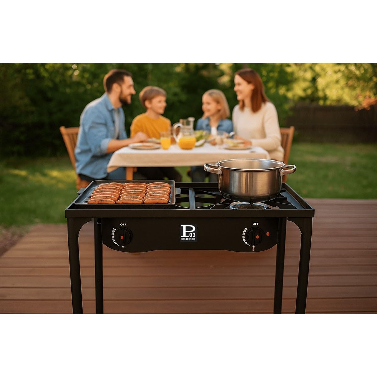 INTEC - Fornello a gas 2 fuochi Barbecue grill 9 kW 2 in 1: 2 bruciatori in ghisa + 1 piastra grill ghisa, 3 altezze modulabili Piezo