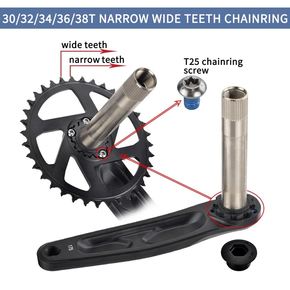 Guarnitura 170 175mm 30T 32T 34T 36T 38T per Mountain Bike a velocità Singola, Set di pedivelle Integrate Cave per 9 10 11 12 con Movimento Centrale BSA, Nero Opaco.