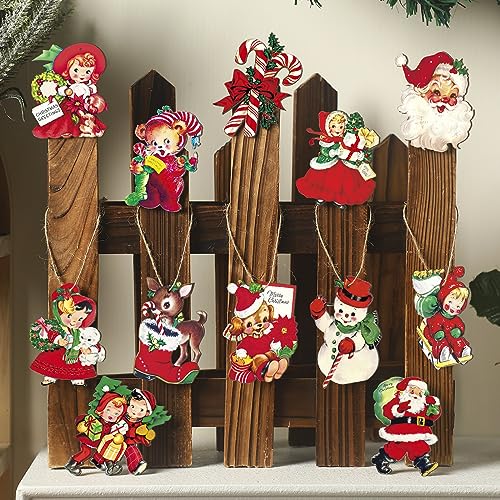Image of 24 Pcs Christmas Wood Hanging Ornaments Vintage Christmas Decorations for Tree Xmas Santa Claus Bell Candy Cane Wood Cutout Winter Hanging Tag Sign for Xmas Tree Party Holiday