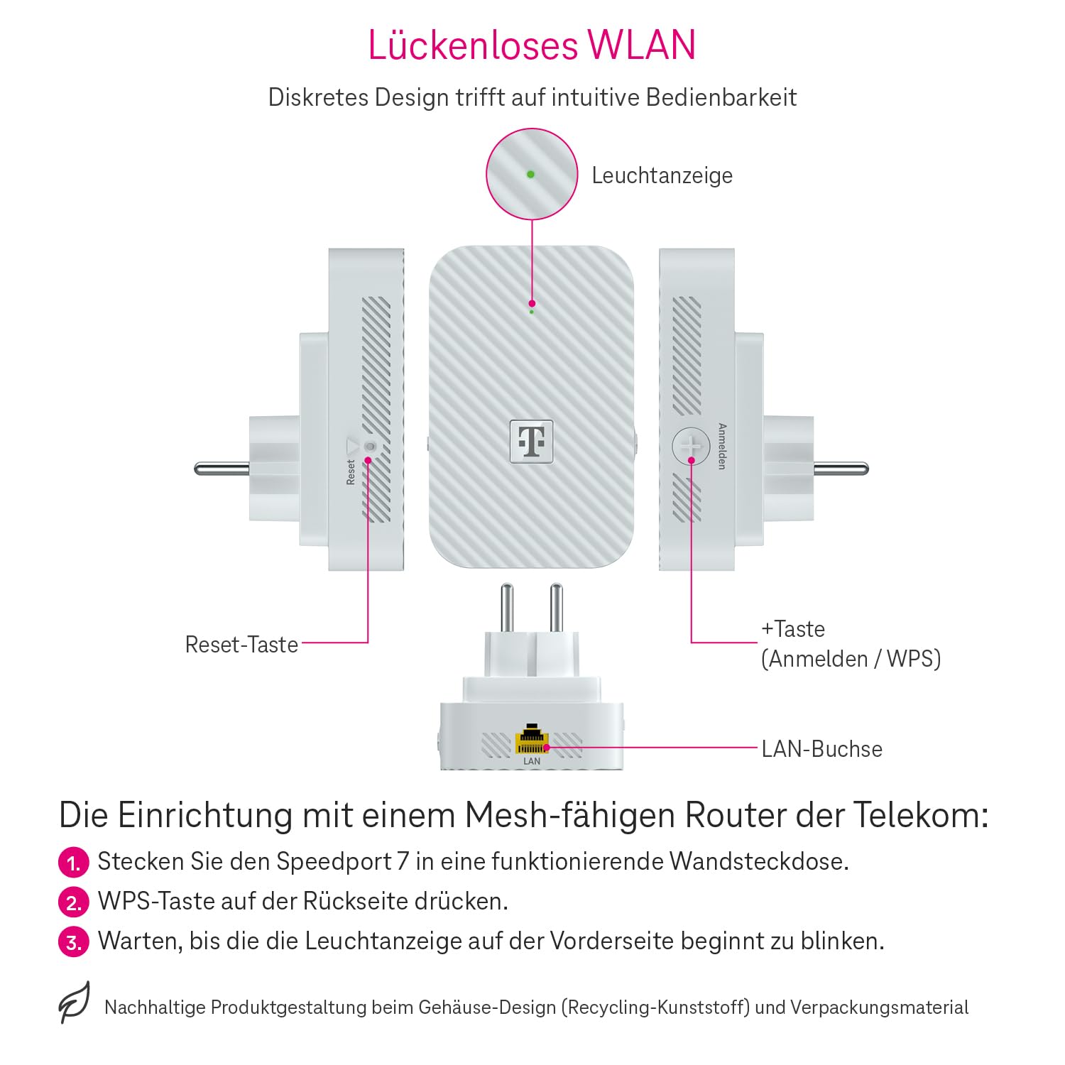 Telekom Speedport 7 Repeater – nur kompatibel mit Speedport 7 Router I Wi-Fi 7 fähiger WLAN-Verstärker I 6.400 Mbit/s, Mesh-Technologie I Ideal für TV in UHD & 4K I Plug & Play per WPS, LAN-Anschluss