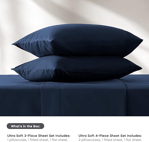 Miniatura 4 de Juego de sábanas para cama individual, color azul marino 1800, microfibra cepillada súper suave, 3 piezas, sábanas y fundas de almohada con sábana