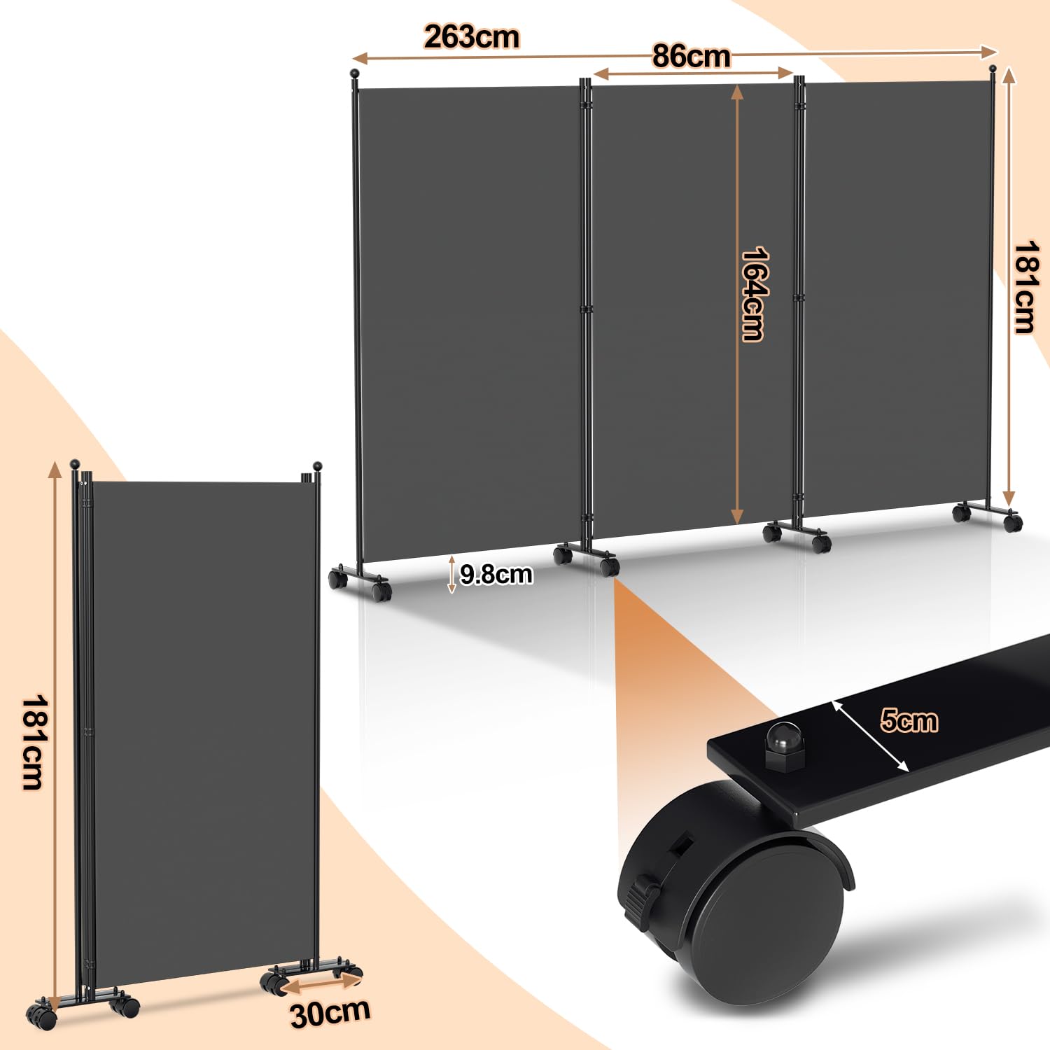 263 x 181 cm Séparateur de pièces sur roulettes, Paravent pliable 3 parties, Cloison de séparation en métal et polyester, Brise-vue Room Divider intérieur pour la maison, le bureau, la terrasse