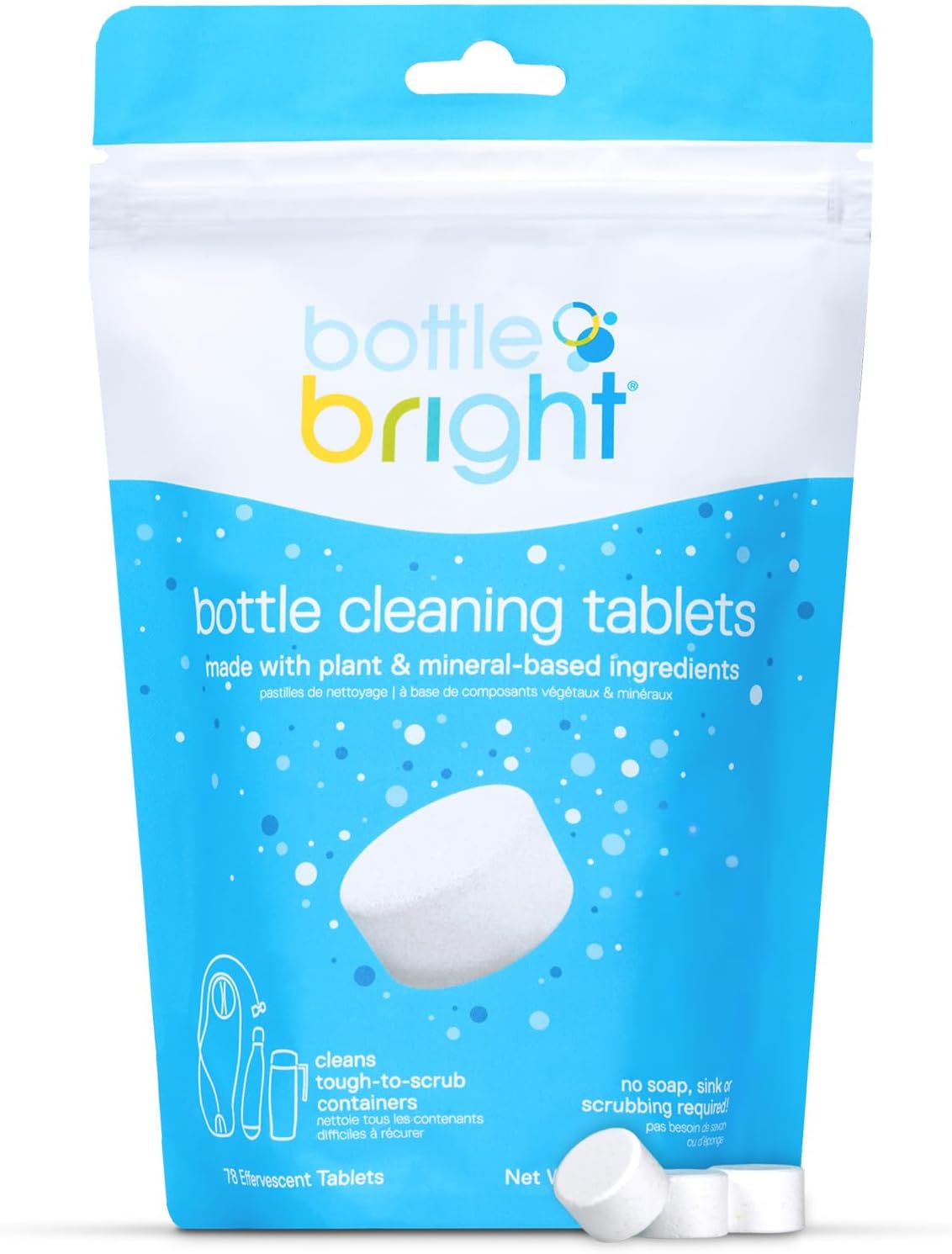 Bottle Bright Bulk Pack (78 Tablets) - Water Bottle, Container & Hydration Pack Cleaning Tablets - Fresh and Clear - Safe and Free of Harmful Ingredients