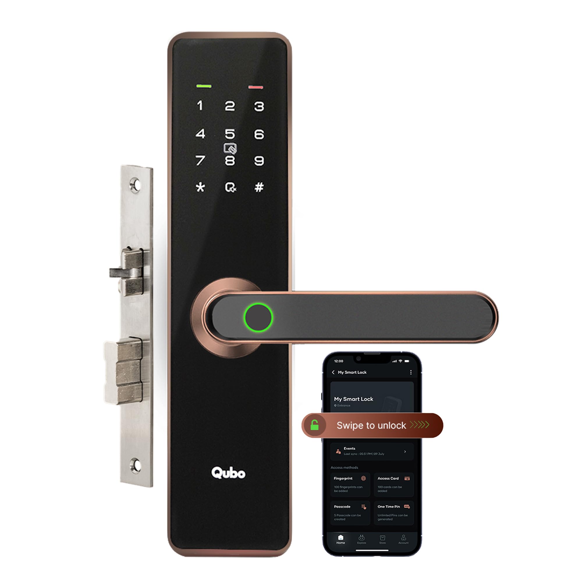 QUBO Smart Door Lock Essential from Hero Group | 6-Way Unlocking | Fingerprint | Remote Unlocking via OTP | PIN | RFID Access Card | Mobile App | Mechanical Key | 1 Year On-Site Warranty | (Copper)