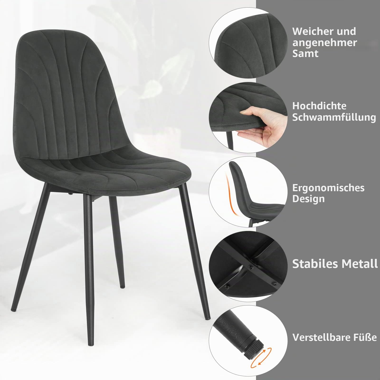Lestarain Esszimmerstühle 2er Set Samt Dunkelgrau