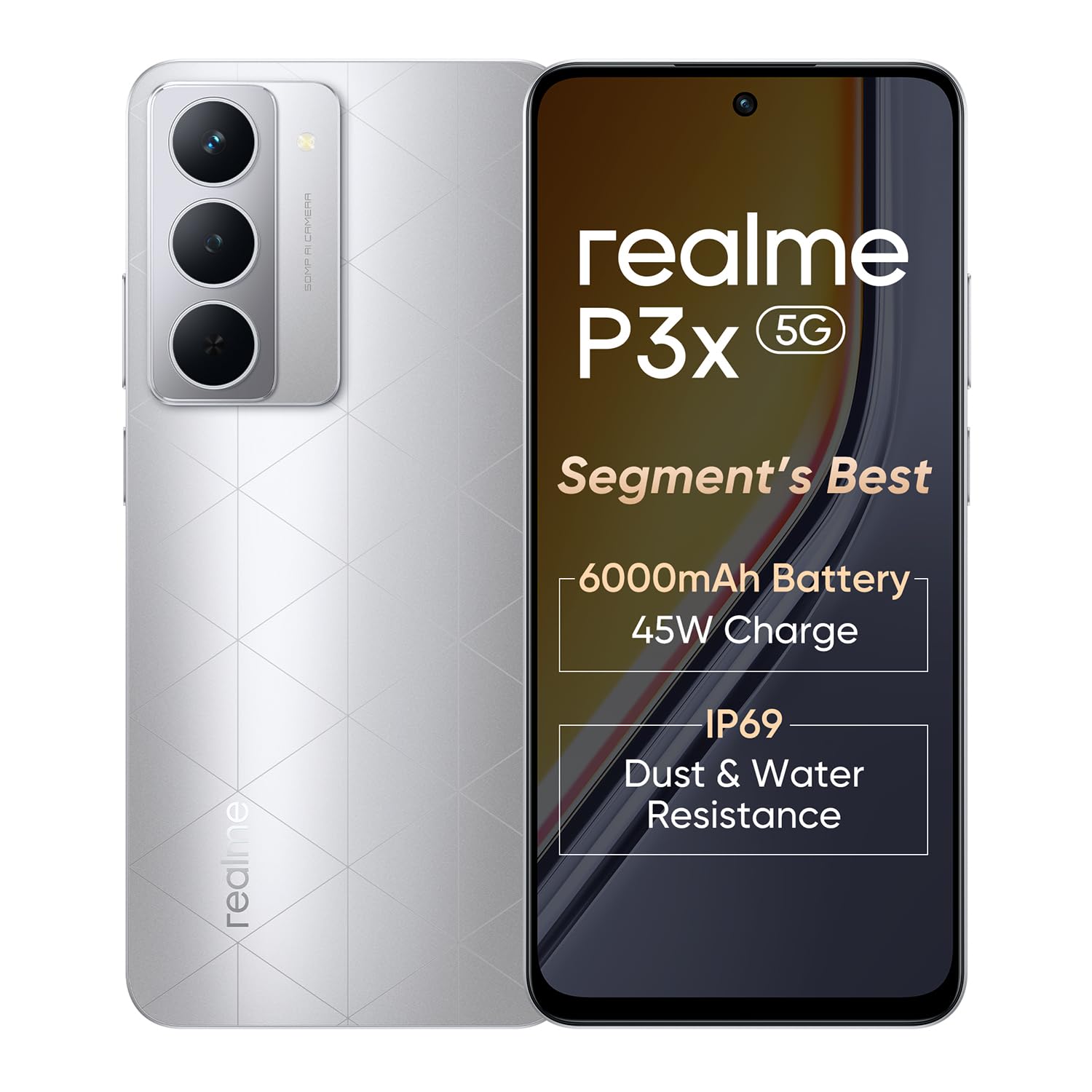 realme P3x 5G Smartphone 6+128GB Lunar Silver,6.72-inch Screen,120Hz Display,6000mAh Battery,45W SuperVOOC, 50MP Camera, MediaTek Dimensity 6400 Processor, IP64 realme P3x 5G Smartphone 6+128GB Lunar Silver,6.72-inch Screen,120Hz Display,6000mAh Battery,45W SuperVOOC, 50MP Camera, MediaTek Dimensity 6400 Processor, IP64