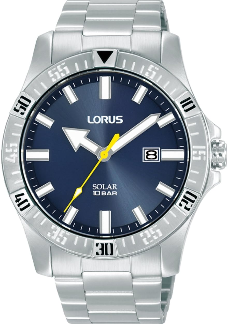 LORUS Męski zegarek solarny obudowa ze stali nierdzewnej RX379AX9, srebro, bransoletka
