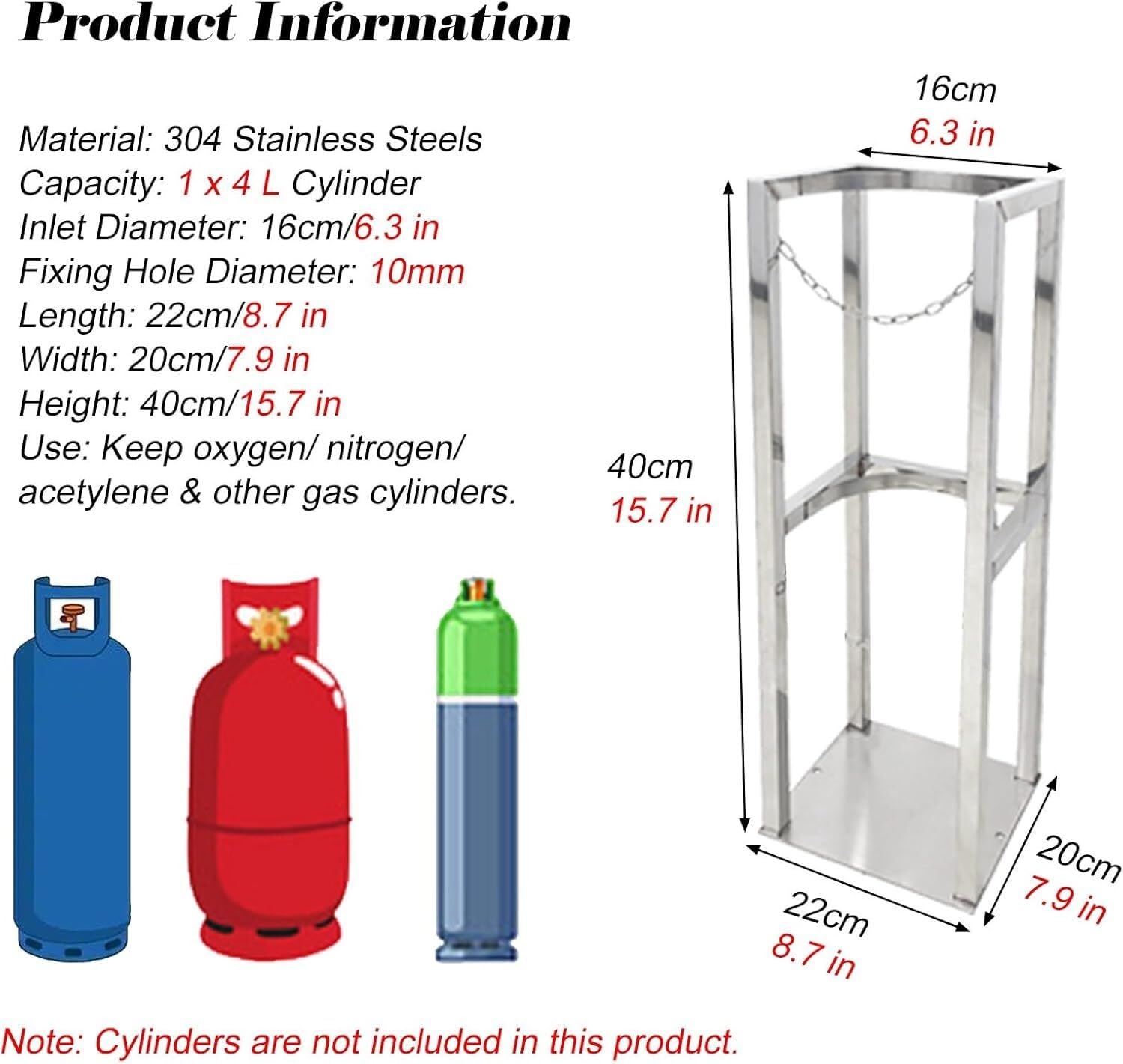 Estante para cilindros de oxígeno de 4 L, estante de almacenamiento de cilindros de gas, estante fijo de acero inoxidable resistente para cilindros de gas y estante fijo para cilindros de gas clínico