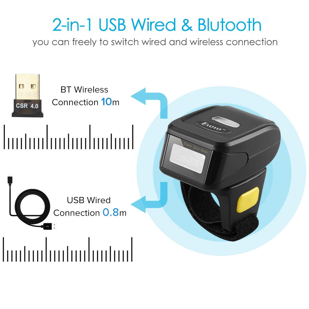 Eyoyo Ring 1D 2D QR-Barcode-Scanner, tragbarer drahtloser Finger-Mini-Barcode-Leser Kompatibel mit Windows, Mac OS, Android 4.0+, iOS-Unterstützung Scannen Sie QR PDF417 DataMatrix auf Bildschirm