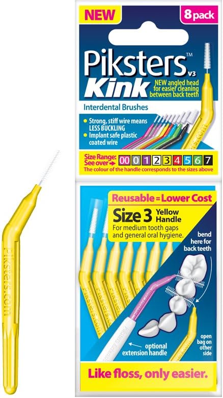 PikstersKink Interdental Brushes - for Cleaning Between Teeth (8 Pack, Size 3 (Yellow))