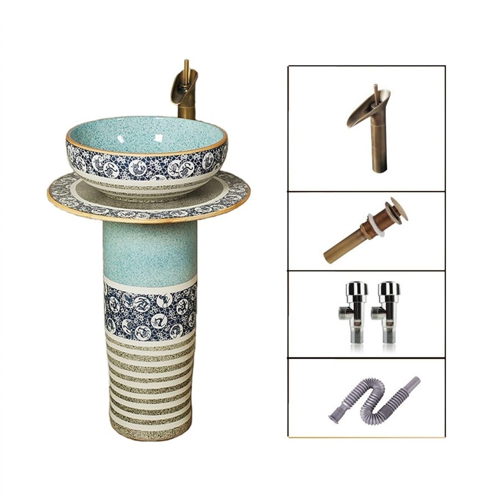 Zlewozmywak łazienkowy na cokole, retro i kreatywna ceramiczna umywalka kolumnowa, 3-częściowa umywalka łazienkowa z podstawą, umywalka podłogowa z kranami, zestaw s(B)