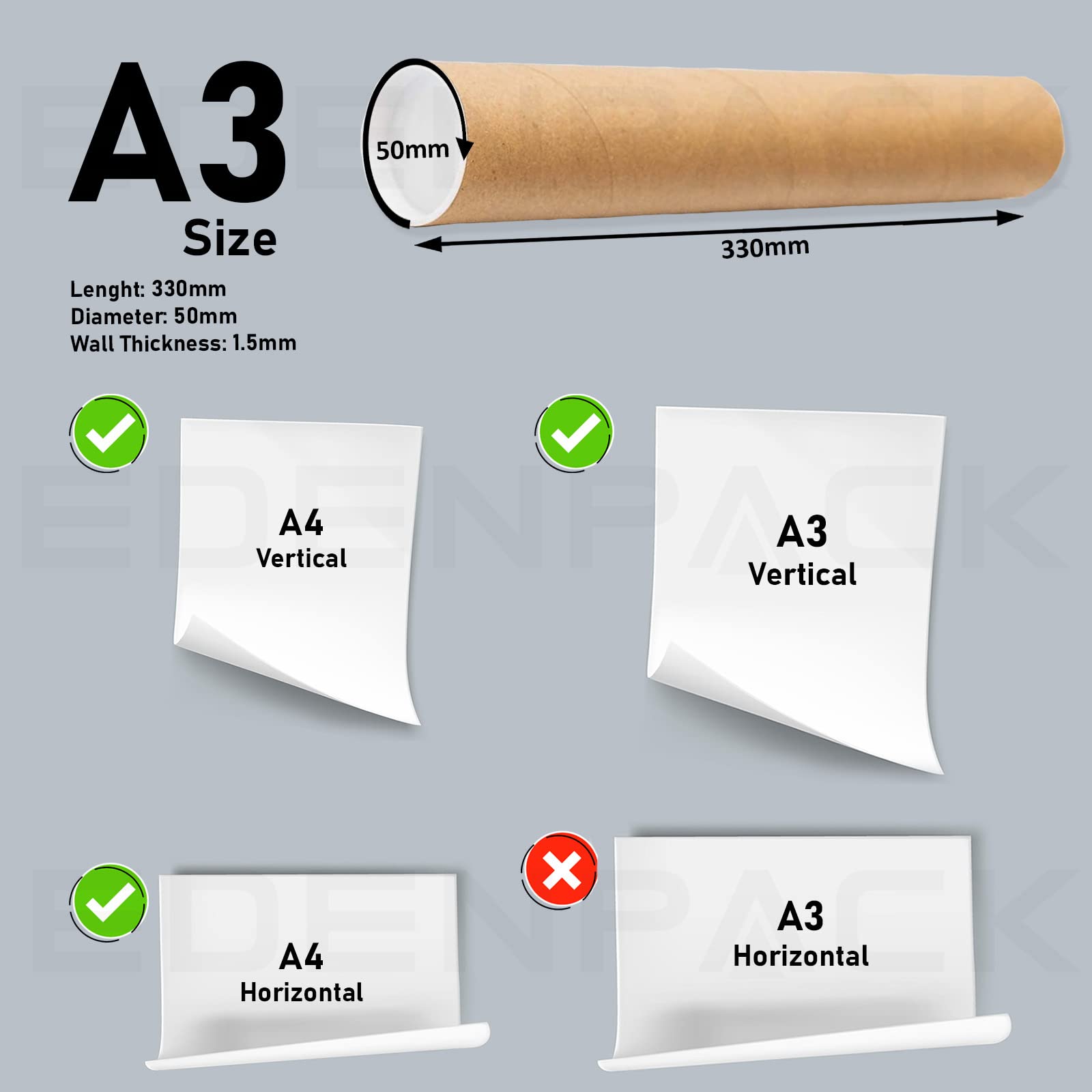 50 x A3/A4 tuby pocztowe do plakatu, grafiki, obrazów, dokumentów, planów, 330 mm x 50 mm, rolki kartonowe + zaślepki